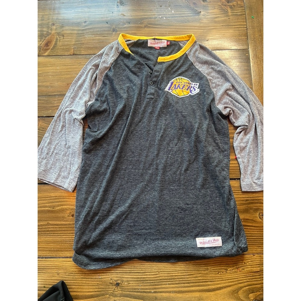 Mitchell & Ness Los Angeles Lakers Henley Shirt Mens XL Grey Charcoal 3/4 Sleeve